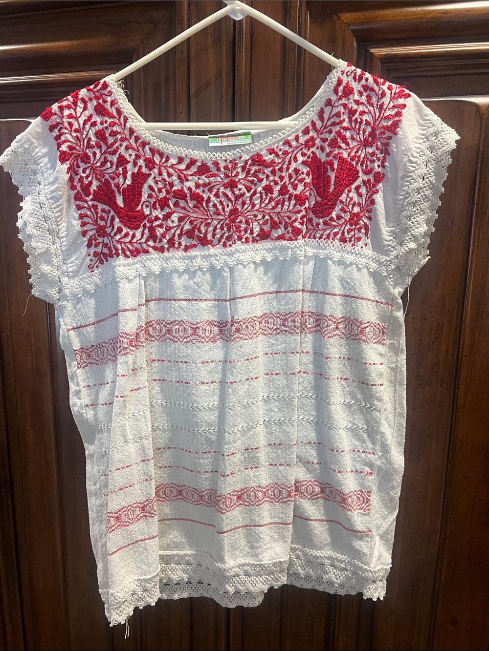 White Peasant Blouse with Red Embroidered Yoke